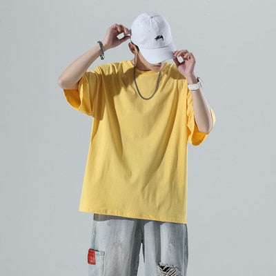 YASUGUOJI Plain Oversized T Shirt Men Bodybuilding and Fitness Loose Casual Lifestyle Wear T-shirt Male Streetwear Hip-Hop Tops