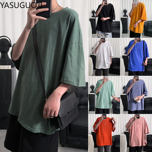 YASUGUOJI Plain Oversized T Shirt Men Bodybuilding and Fitness Loose Casual Lifestyle Wear T-shirt Male Streetwear Hip-Hop Tops