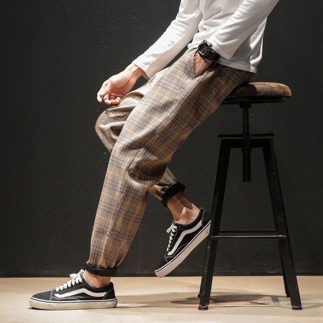 Dropshipping Japanese Streerwear Men Plaid Pants 2020 Autumn Fashion Slim Man Casual Trousers Korean Male Harem Pants