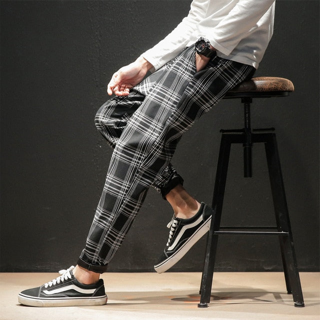 Dropshipping Japanese Streerwear Men Plaid Pants 2020 Autumn Fashion Slim Man Casual Trousers Korean Male Harem Pants