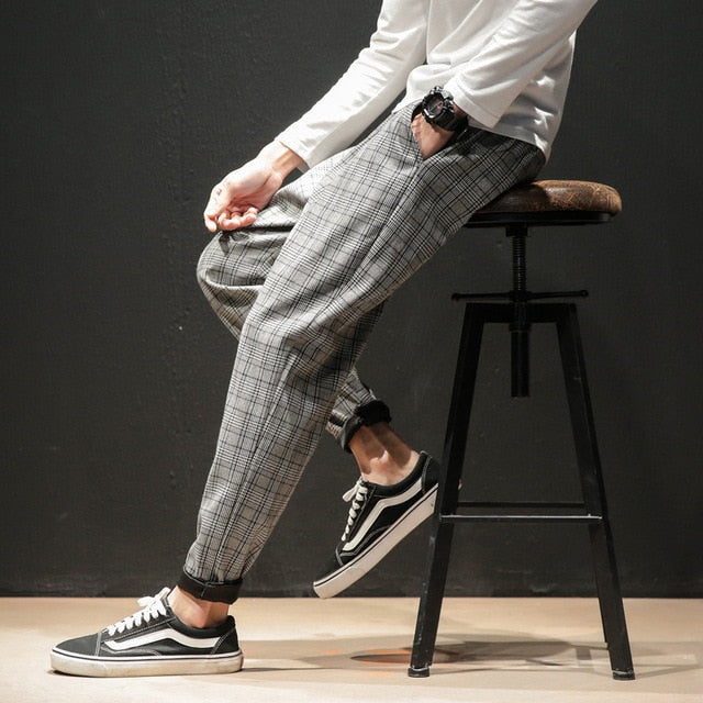 Dropshipping Japanese Streerwear Men Plaid Pants 2020 Autumn Fashion Slim Man Casual Trousers Korean Male Harem Pants