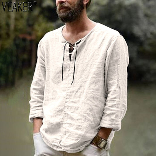 2020 New Men's Linen V Neck bandage T shirts Male Solid Color  Long Sleeves Casual Cotton Linen tshirt Tops M-3XL