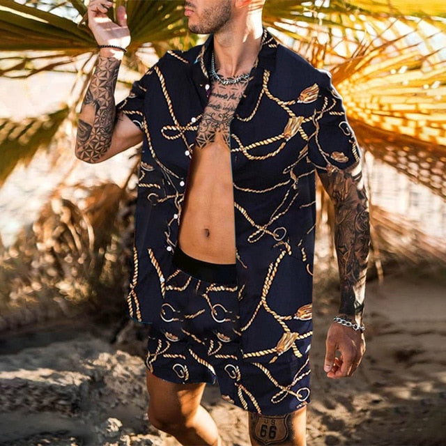 NEW Men Hawaiian Sets Printing 2021 Summer Short Sleeve Button Shirt Beach Shorts Streetwear Casual Mens Suit 2 Pieces INCERUN