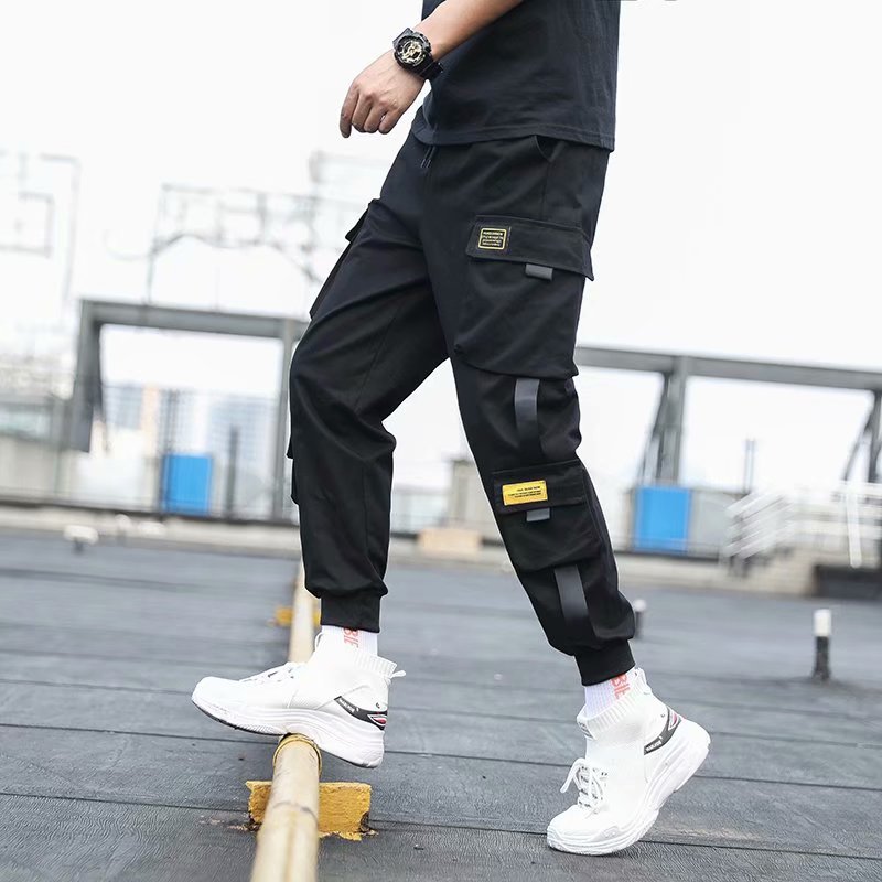 Men's Side Pockets Cargo Harem Pants 2021 Ribbons Black Hip Hop Casual Male Joggers Trousers Fashion Casual Streetwear Pants