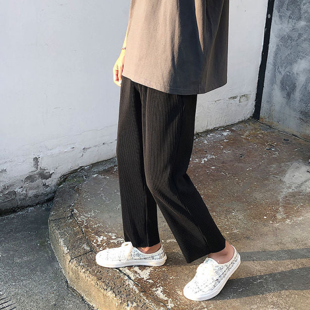 Pleated Straight Pants Men's Fashion Elastic Waist Casual Pants Men Streetwear Loose Ice Silk Trousers Mens Wide Leg Pants S-2XL