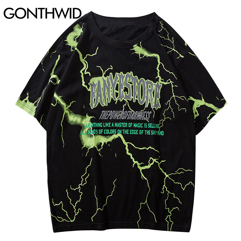 GONTHWID Oversized Tshirts Streetwear Hip Hop Lightning Print Punk Rock Gothic Tees Shirts Harajuku Casual Short Sleeve Tops