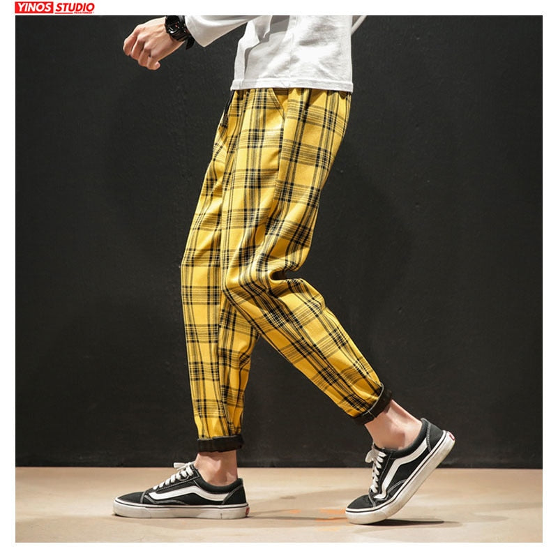 Dropshipping Japanese Streerwear Men Plaid Pants 2020 Autumn Fashion Slim Man Casual Trousers Korean Male Harem Pants