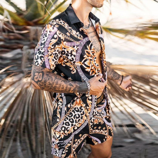 NEW Men Hawaiian Sets Printing 2021 Summer Short Sleeve Button Shirt Beach Shorts Streetwear Casual Mens Suit 2 Pieces INCERUN