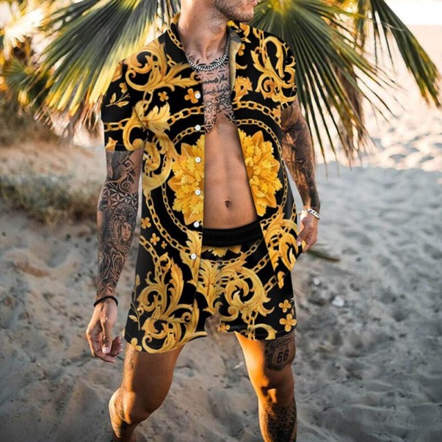 NEW Men Hawaiian Sets Printing 2021 Summer Short Sleeve Button Shirt Beach Shorts Streetwear Casual Mens Suit 2 Pieces INCERUN