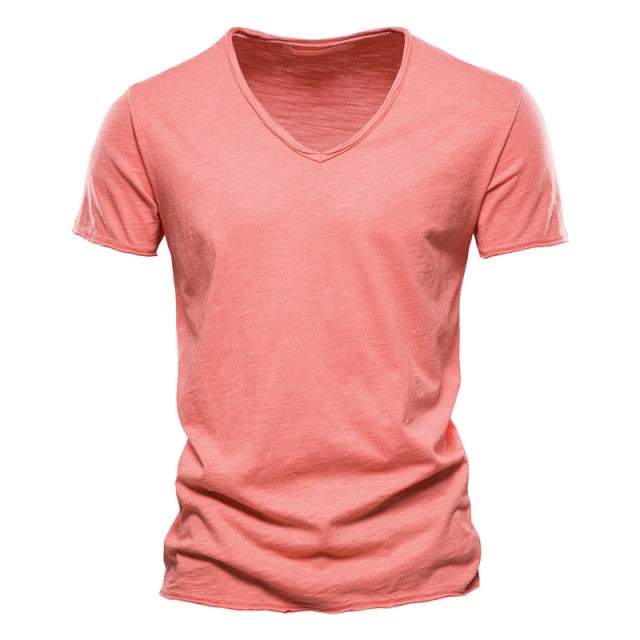 Brand Quality 100% Cotton Men T-shirt V-neck Fashion Design Slim Fit Soild T-shirts Male Tops Tees Short Sleeve T Shirt For Men