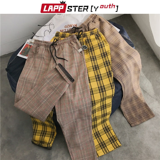 LAPPSTER-Youth Streetwear Black Plaid Pants Men Joggers 2021 Mens Straight Harem Pants Men Korean Hip Hop Trousers Plus Size