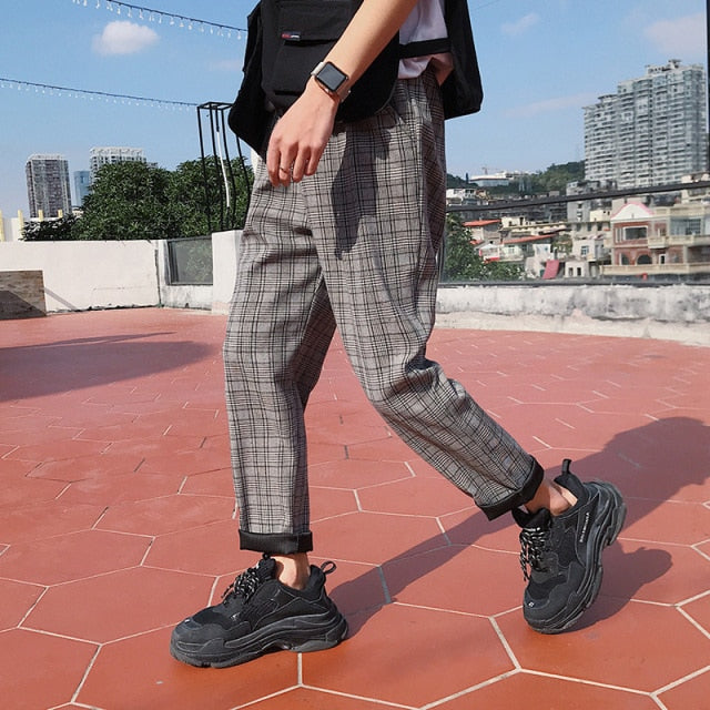 LAPPSTER-Youth Streetwear Black Plaid Pants Men Joggers 2021 Mens Straight Harem Pants Men Korean Hip Hop Trousers Plus Size