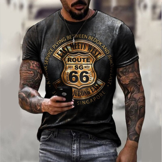 Summer New 66 Route Men T-Shirt Fashion O-Neck Casual Short Sleeve Oversized T-Shirt  Punk Style Male Clothes Casual Trend Tops