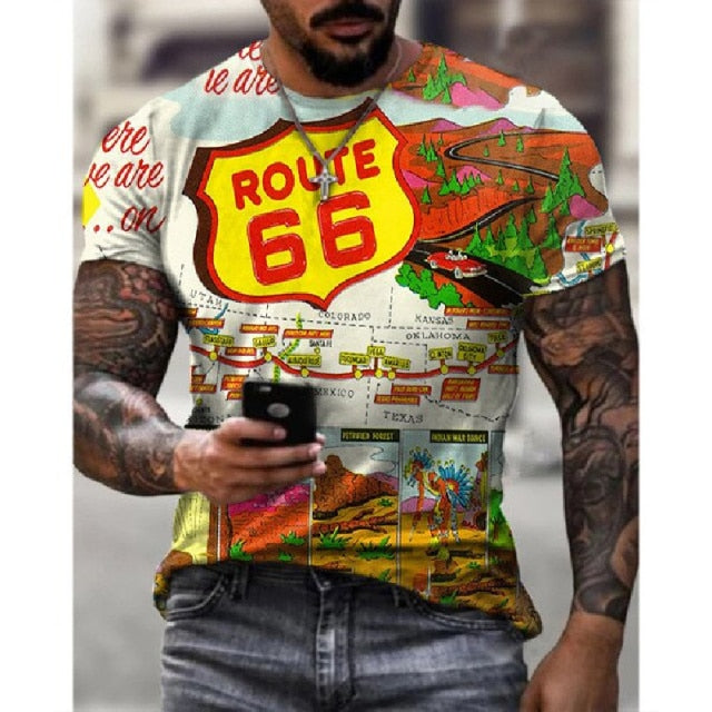 Summer New 66 Route Men T-Shirt Fashion O-Neck Casual Short Sleeve Oversized T-Shirt  Punk Style Male Clothes Casual Trend Tops