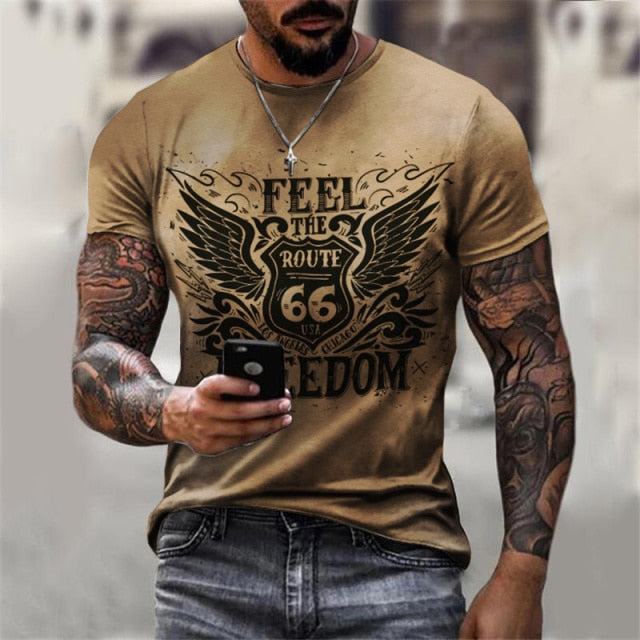 Summer New 66 Route Men T-Shirt Fashion O-Neck Casual Short Sleeve Oversized T-Shirt  Punk Style Male Clothes Casual Trend Tops