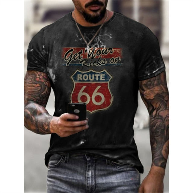 Summer New 66 Route Men T-Shirt Fashion O-Neck Casual Short Sleeve Oversized T-Shirt  Punk Style Male Clothes Casual Trend Tops