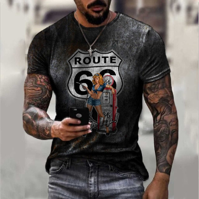 Summer New 66 Route Men T-Shirt Fashion O-Neck Casual Short Sleeve Oversized T-Shirt  Punk Style Male Clothes Casual Trend Tops